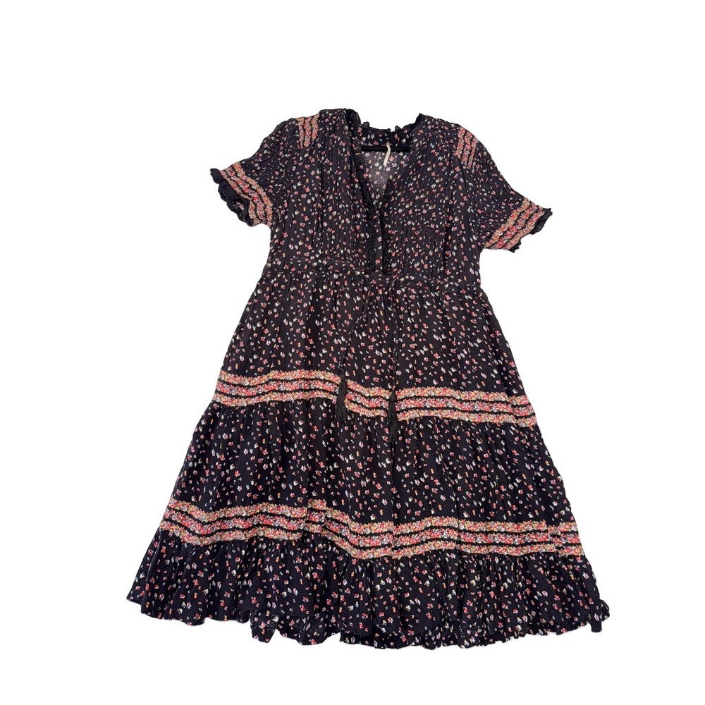 Free People Knee Length Dress Black Tiered Floral Print Boho Size M Festival